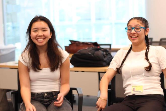 Me (left) having fun with one of my fellow interns, Aurora (right) at the Sci-High orientation